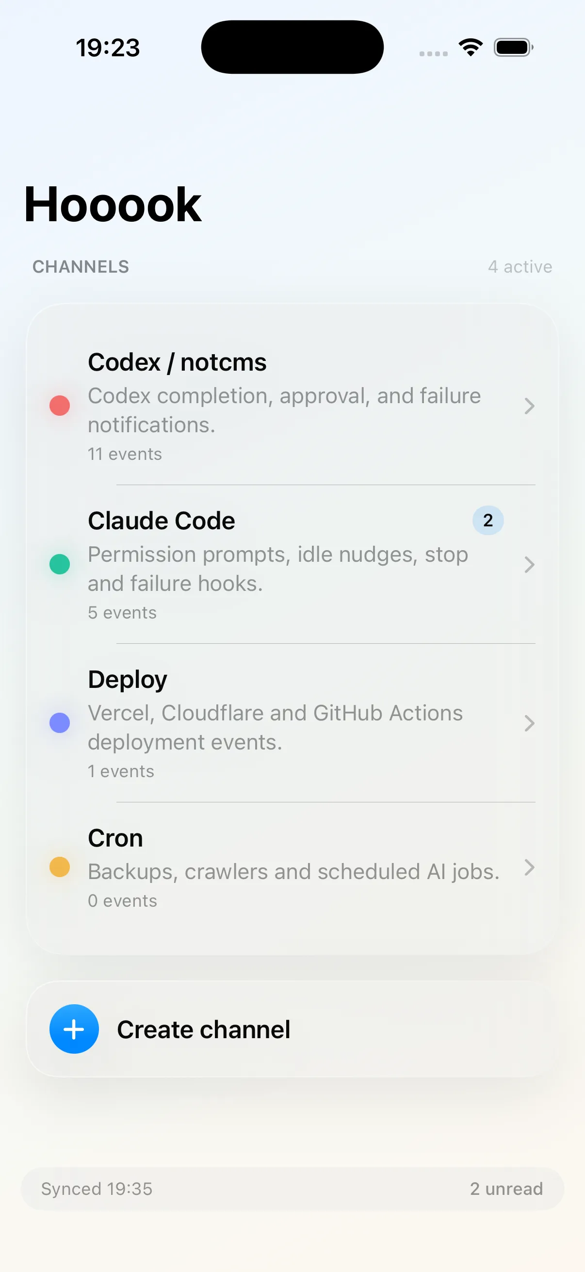 Hooook mobile dashboard showing the webhook inbox