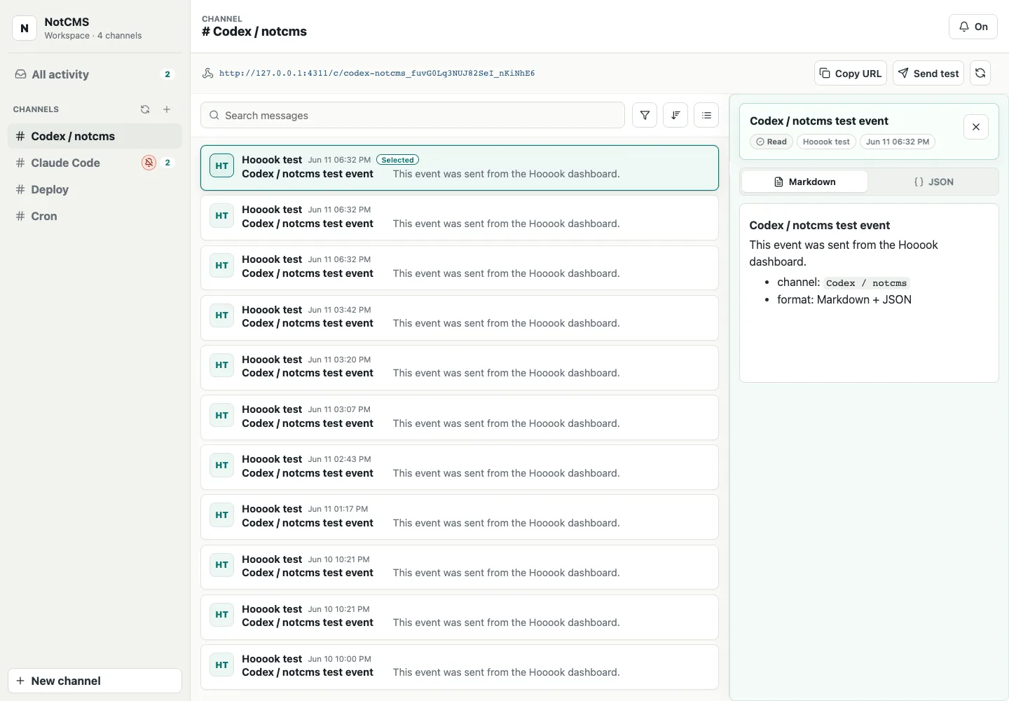 Hooook web dashboard showing webhook channels, events, and event detail